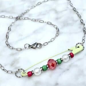 Handmade Christmas Punk Rock Safety Pin Necklace Paperclip Chain Pearls Crystal